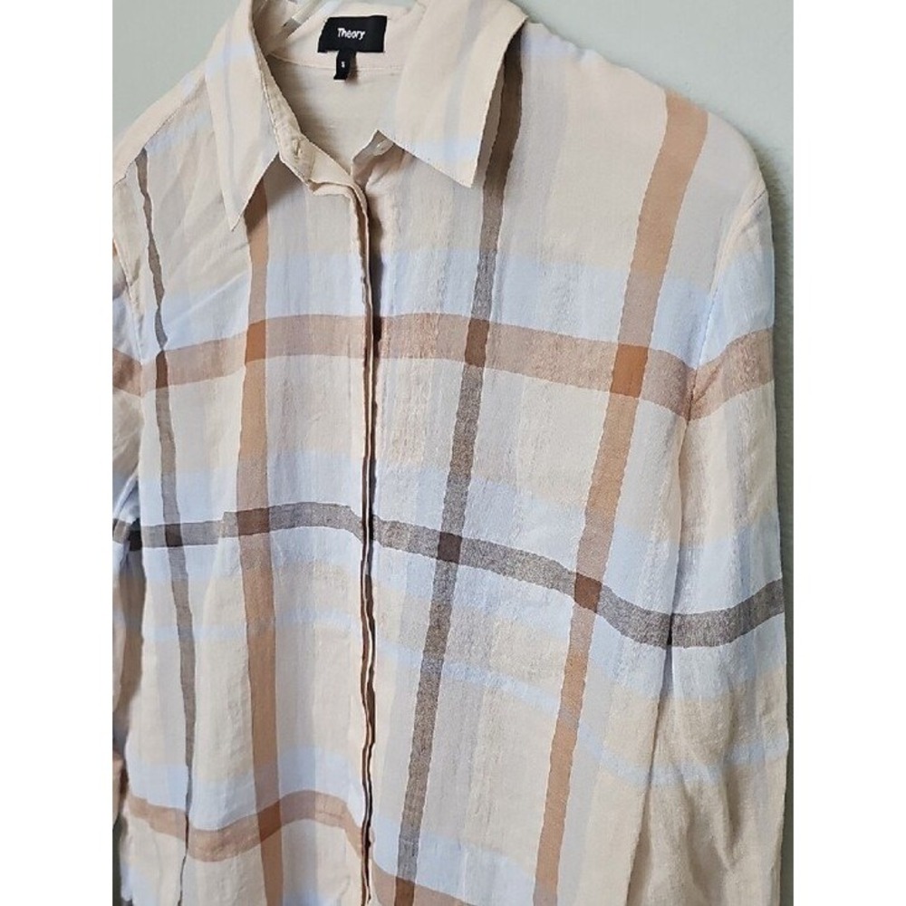 Theory Womens Plaid Button Down Shirt Beige Blue Long Sleeve Size S - Picture 4 of 8